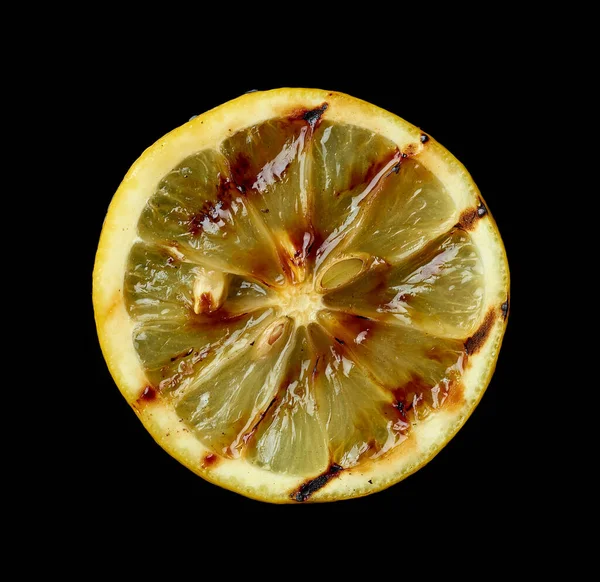 Ζουμερή Φέτα Λεμονιού Στη Σχάρα Απομονωμένη Μαύρο Φόντο Κορυφαία Προβολή — Φωτογραφία Αρχείου