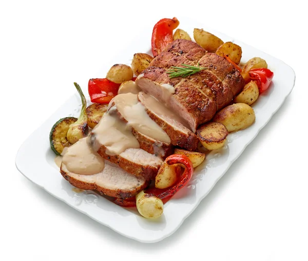Close Sliced Roast Pork Vegetables Sauce White Plate — Stock Photo, Image
