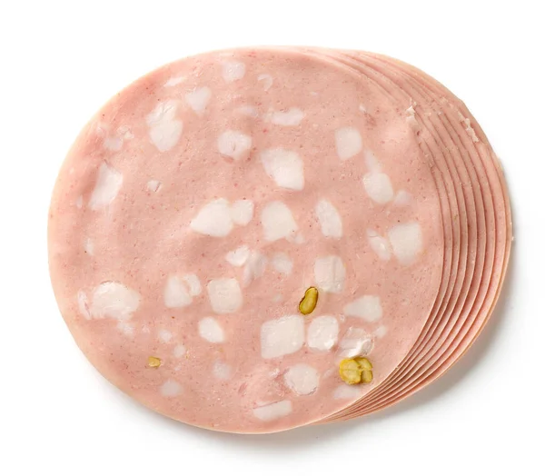 Slices Pork Sausage Pistachios Isolated White Background Top View — Stock Photo, Image