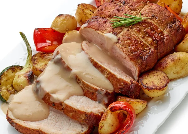 Close Sliced Roast Pork Vegetables Sauce White Plate Selective Focus — Stock Photo, Image