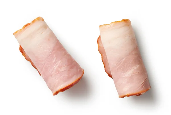 Rolos Carne Bacon Porco Defumado Isolado Fundo Branco Vista Superior — Fotografia de Stock