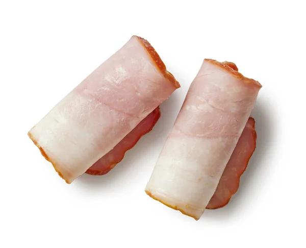 Rökt Fläsk Bacon Kött Rullar Isolerad Vit Bakgrund Ovanifrån — Stockfoto