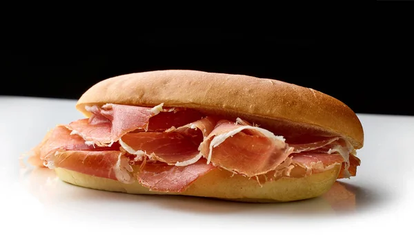 Sandwich Sliced Spanish Iberico Ham Isolated Black White Background — Stock Photo, Image