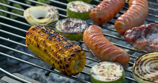 Diverses Saucisses Grillées Légumes Grillades Viande Sur Barbecue Charbon Bois — Video