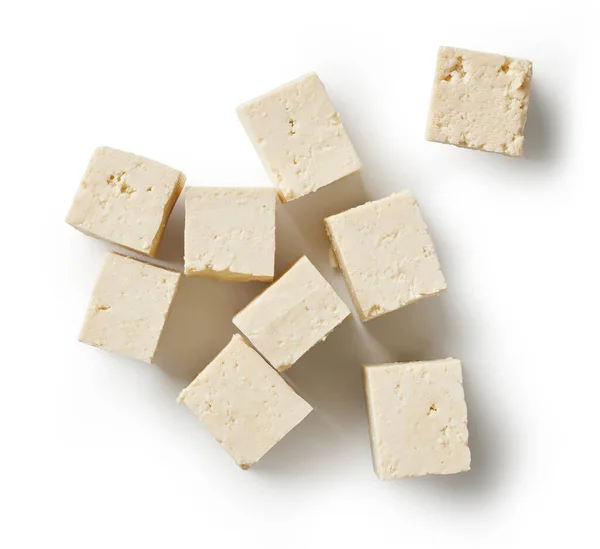 Cubos Queijo Tofu Fresco Isolado Fundo Branco Vista Superior — Fotografia de Stock