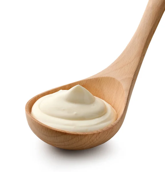 Yogur Crema Agria Cucharón Madera Aislado Sobre Fondo Blanco — Foto de Stock
