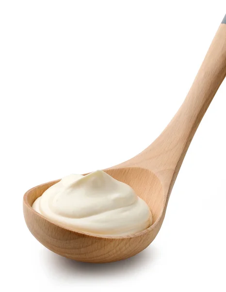Sour Cream Yogurt Wooden Ladle Isolated White Background — Stock Photo, Image