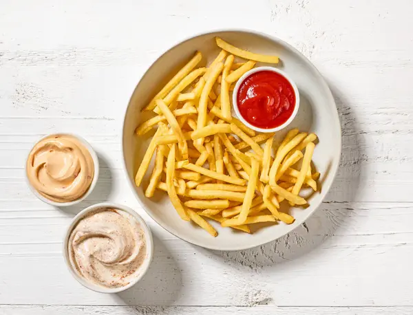 French Fries Dip Sauces White Wooden Table Top View — Stock Photo, Image