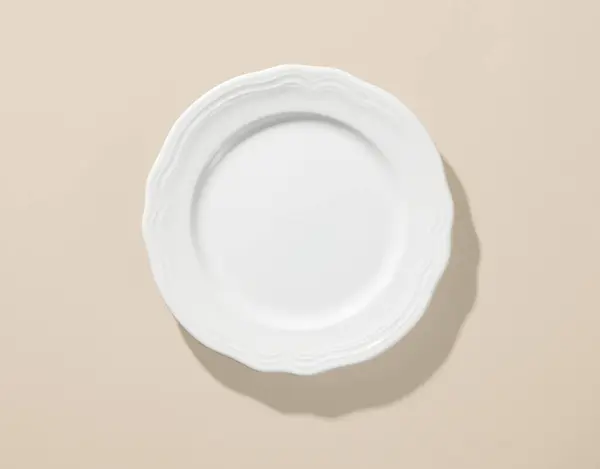 White Empty Plate Beige Color Background Top View — Stock Photo, Image