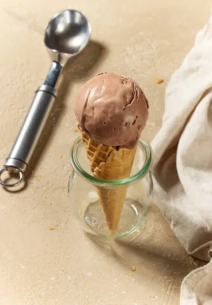 Chocolate Ice Cream Waffle Cone Metal Scoop Kitchen Table — Stock Photo, Image