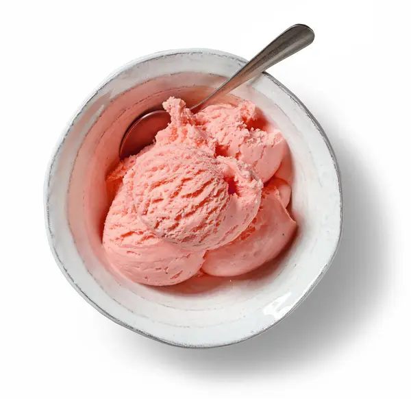Bol Înghețată Roz Căpșuni Izolat Fundal Alb Vedere Sus — Fotografie, imagine de stoc