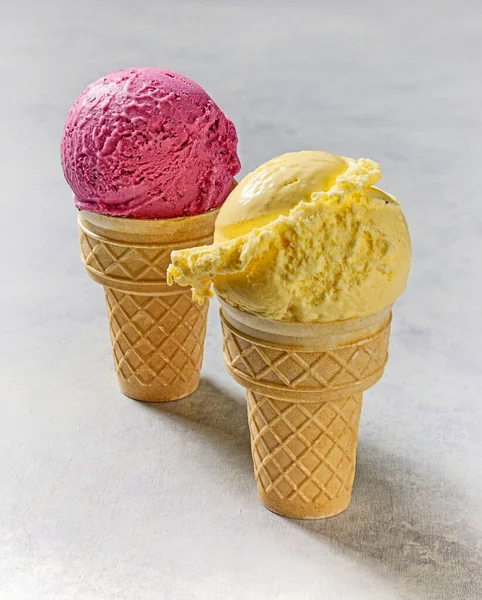 Vanilla Black Currant Ice Cream Waffle Cones Light Background — Stock Photo, Image