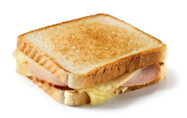 Beyaz arka planda izole edilmiş jambonlu ve peynirli tost
