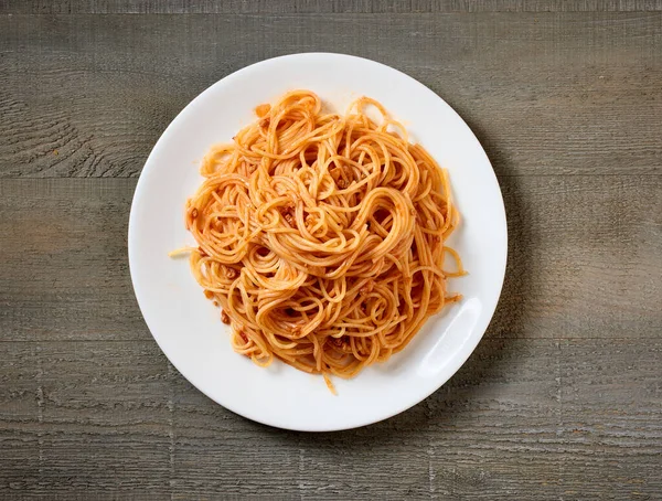Plate Spaghetti Tomato Meat Sauce Kitchen Table Top View — Stock Photo, Image