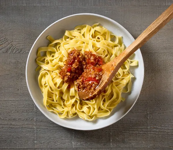 Bolognese Sauce Added Bowl Pasta Top View — Stock Photo, Image