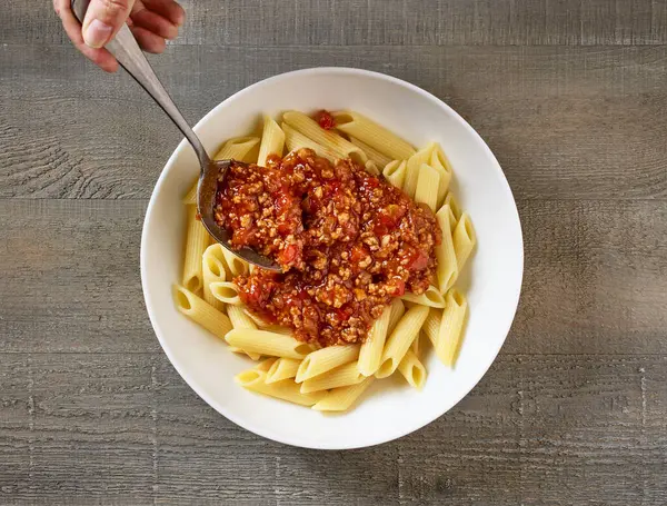 Bolognese Sauce Added Bowl Pasta Top View — Stock Photo, Image