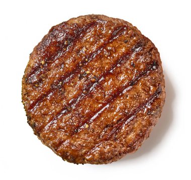 Beyaz arka plan üzerinde üstten görünüm izole taze ızgara burger et