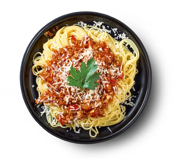 Тарелка Спагетти Соусом Болоньезе Изолированы Белом Фоне Вид Сверху — стоковое фото