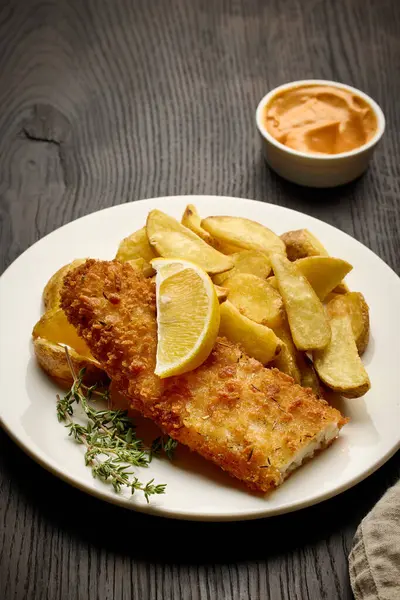 plate of fish and chips, breaded fish fillet and fried potato wedges on dark wooden table