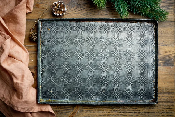 Old Empty Baking Pan Wooden Kitchen Table Top View Christmas — Stock Photo, Image
