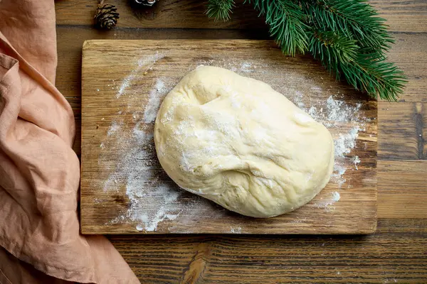 Dough Wooden Cutting Board Christmas Baking Top View — Stock Photo, Image