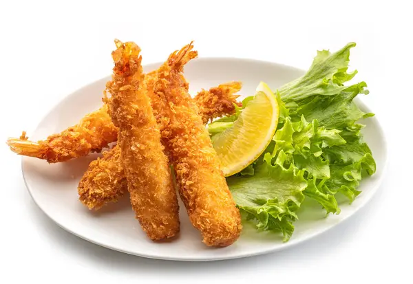 Plate Fried Breaded Torpedo Shrimps Isolated White Background — Stock Photo, Image