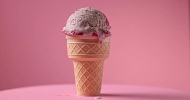 Waffle bardağında çikolatalı kek ve vişneli dondurma Pembe arka planda dönüyor Ve bir damla erimiş dondurma