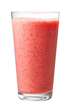 Beyaz arka planda izole edilmiş çilekli ve muzlu smoothie.