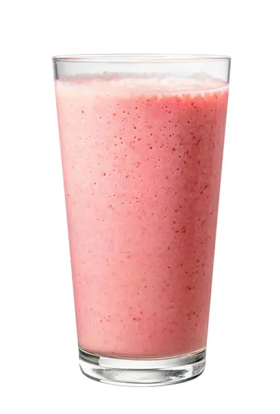 白い背景に隔離されたピンクのイチゴバナナヨーグルトのスムージーのガラス ストックフォト