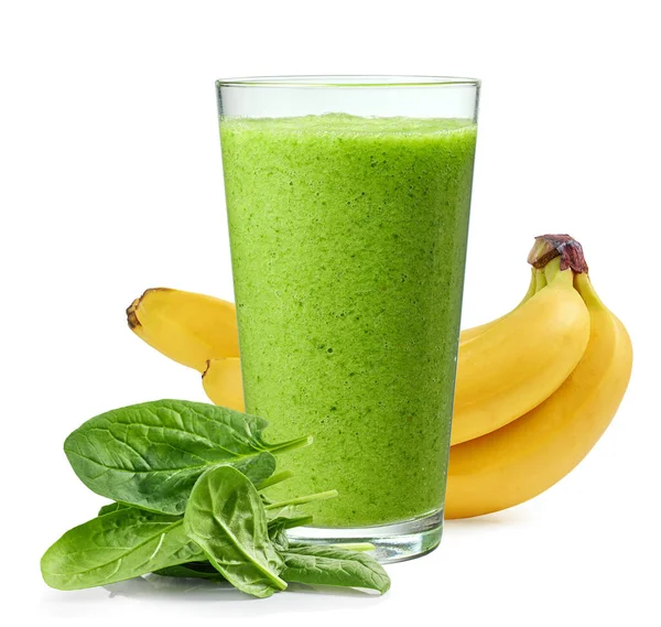 Glas Grünen Spinat Bananen Smoothie Isoliert Auf Weißem Hintergrund — Stockfoto