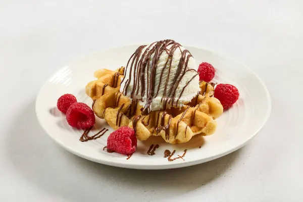Erimiş Çikolata Sosuyla Süslenmiş Belçika Waffle Beyaz Tabakta Vanilyalı Dondurma — Stok fotoğraf