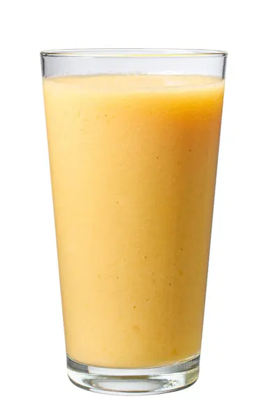 Glas Verse Gele Banaan Mango Ananas Smoothie Geïsoleerd Witte Achtergrond Rechtenvrije Stockafbeeldingen