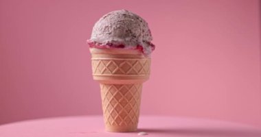 Waffle bardağında çikolatalı kek ve vişneli dondurma Pembe arka planda dönüyor Ve bir damla erimiş dondurma