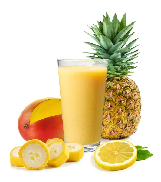 Glas Verse Gele Banaan Mango Ananas Smoothie Geïsoleerd Witte Achtergrond Stockfoto
