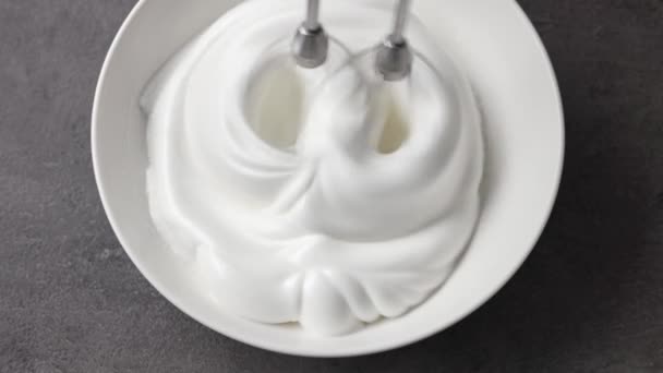 Chef Whips Raw Egg Whites Powdered Sugar White Bowl Mixer — Stock Video
