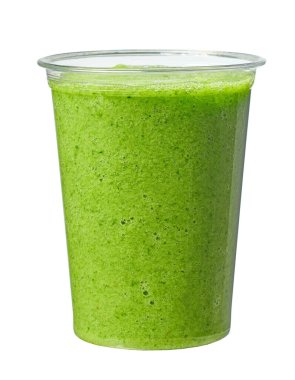 Beyaz arka planda izole edilmiş bir fincan yeşil ıspanak ve muzlu smoothie al.