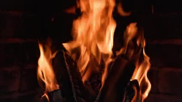 Burning Logs Old Country Fireplace Fire Close — Stock Video
