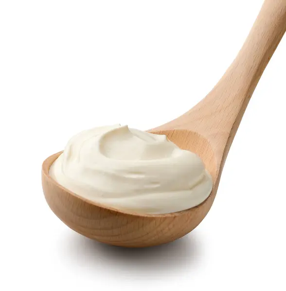 Yogur Crema Agria Cucharón Madera Aislado Sobre Fondo Blanco Fotos de stock