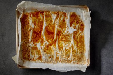 Gri mutfak masasında kızardıktan sonra fırın tepsisi ve et suyu, üst manzara. Çıtır tavuk kanadı yapma süreci