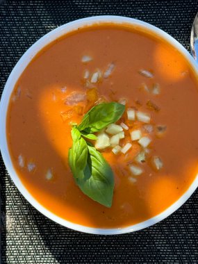 Bir kase soğuk domates çorbası, gazpacho, üst manzara.