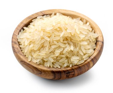 bowl of raw uncooked rice isolated on white background clipart