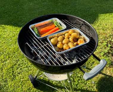 Bahçedeki kömür ızgarasında ızgara sebzeler, yeşil çimen arka planı, açık hava yemekleri.