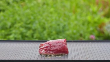 Açık hava yemekleri. Pişirmek taze çiğ sığır filetosu hazırlamak yağlı ve baharatlı biftek ve sıcak ızgara tavada lezzetli yemek yapmak için bahçe, yemek yakın plan, açık hava doğal ışık