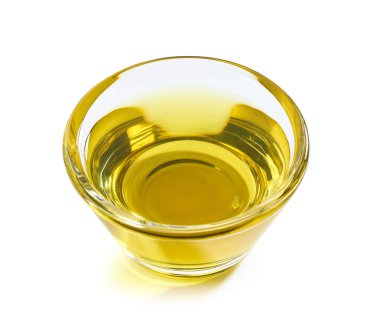 small glass bowl of olive oil isolated on white background