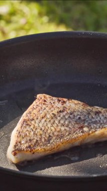 Açık hava yemekleri. Pişirmek sıcak tavada taze balık filetosu hazırlamak yağlı bahçede lezzetli yemekler yapmak için kapalı yemek, açık hava ışığı