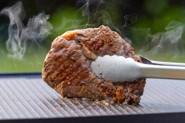 Açık hava yemekleri. Pişirilmiş taze et fileminyon bifteği ve baharatlı ızgara tava. Bahçede lezzetli yemekler yapmak için. Kapalı yemek.