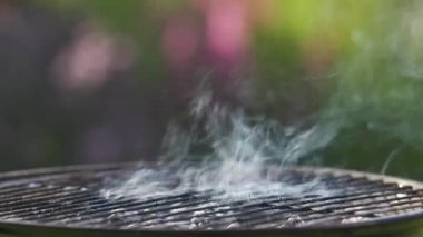 Bahçede piknik için hazır kömür ızgarası.