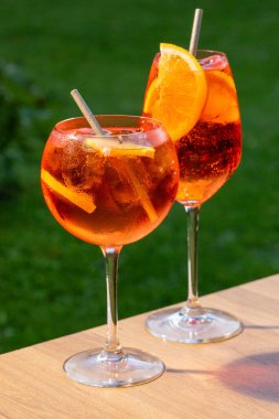 Portakal dilimi ve yeşil bahçe arka planında samanla süslenmiş aperol spreyi kokteyli.