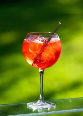 Yeşil yaz bahçesi arka planında cam masada şarap kadehinde klasik kırmızı martini spritz kokteyli.