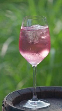 Bir bardak taze ahududu sprey kokteyli yeşil arka bahçe arka planına karşı, güneşli güzel bir yaz günü